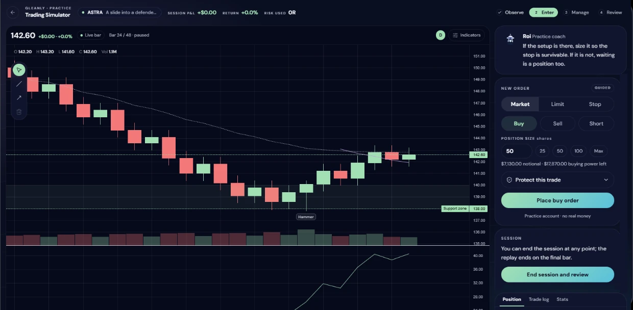 Gleanly's practice trading simulator paused mid-replay, with position size set and a practice buy order ready to place.